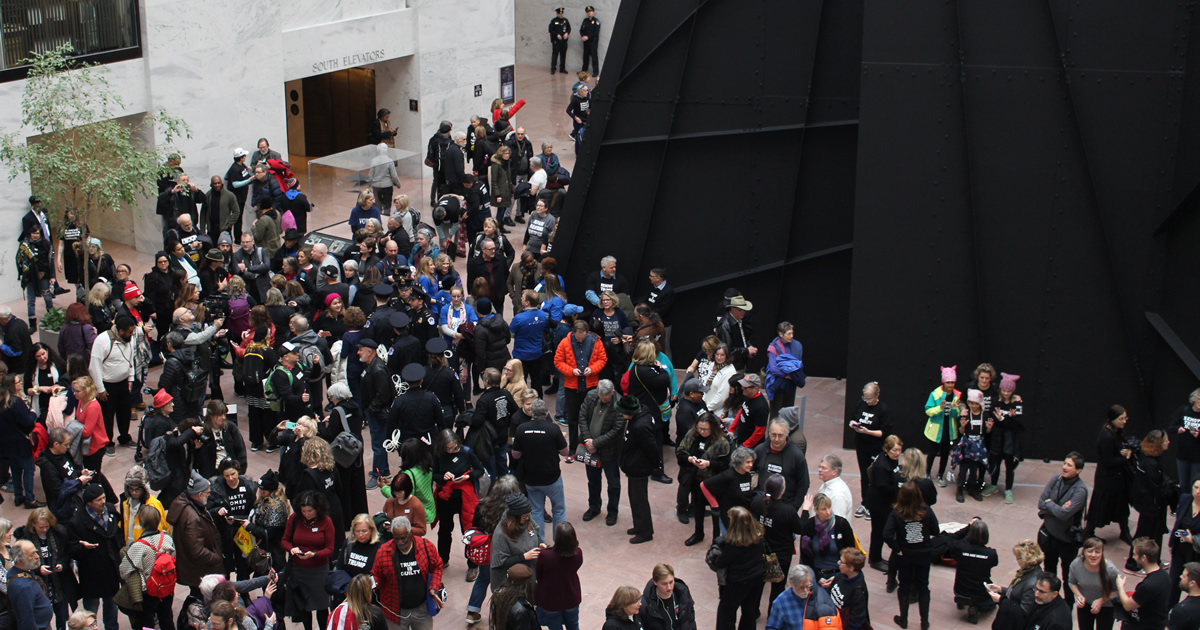 Activists gather in the atrium of the Hart Senate Office Building on January 29, 2020.