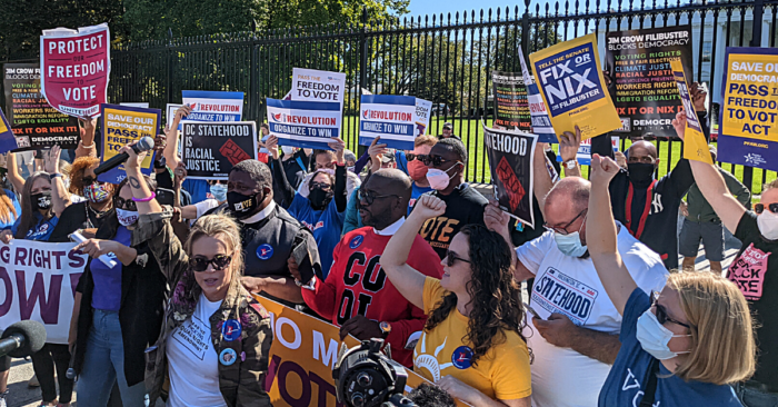 People For Board Member Alyssa Milano rallies up the crowd protesting for voting rights in front of the White House on October 19, 2021, shortly before her arrest.