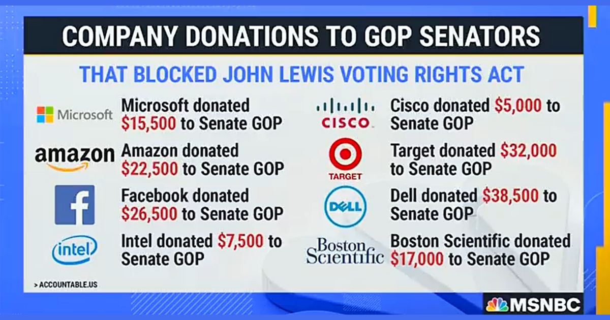 List of crporations who have donated to GOP Senators who have obstructed votes on voting rights legislation.