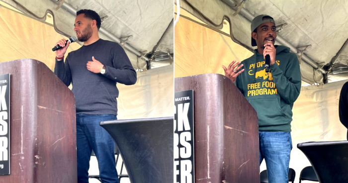 Svante Myrick, Executive Director of People For the American Way Foundation and Markus Batchelor, Deputy Director of Youth Engagement, spoke at a rally at the halfway point between Selma and Montgomery on Wednesday, March 9, 2022.