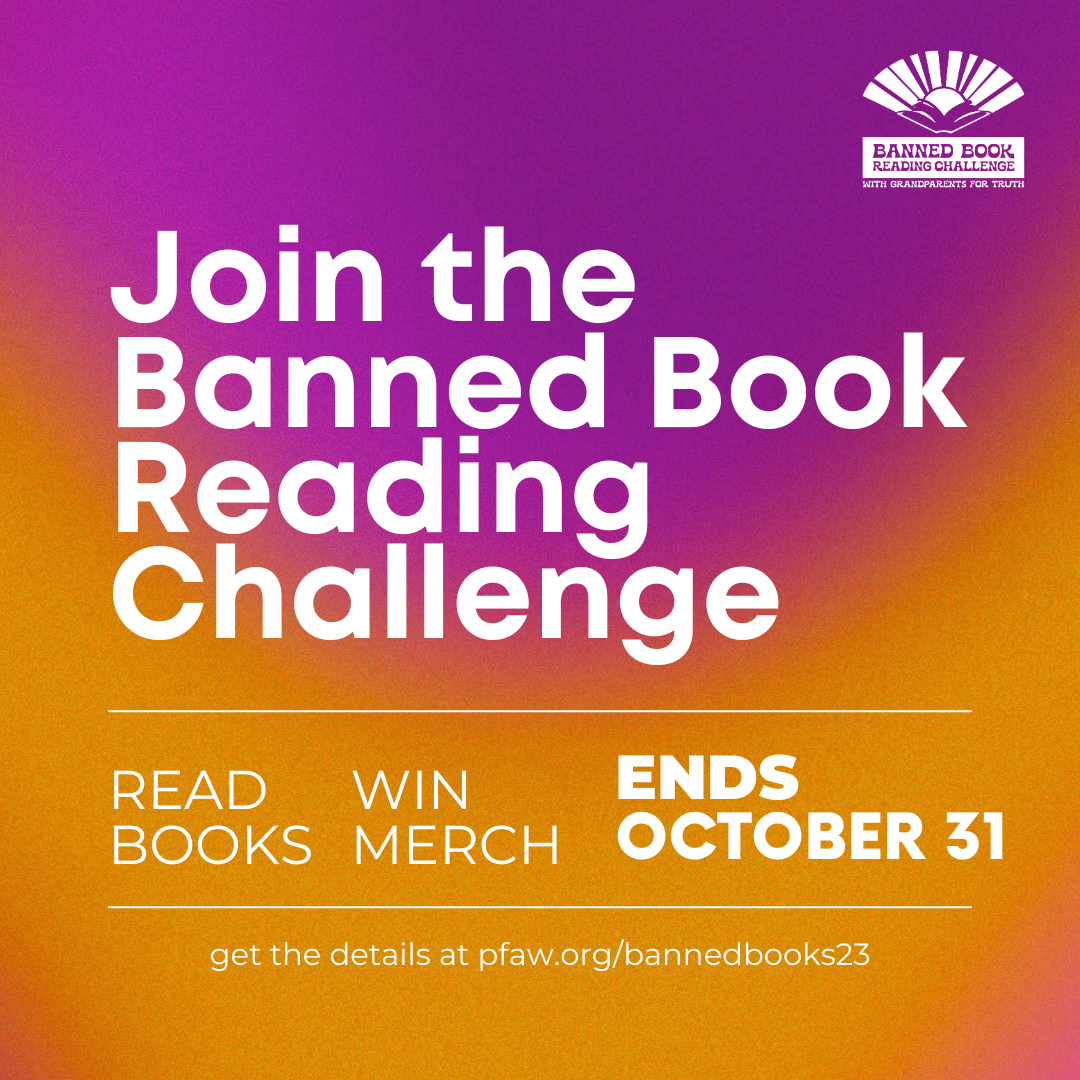 white text on a purple and yellow background. Text reads "join the banned book reading challenge. Read books, win merch. Ends October 31.